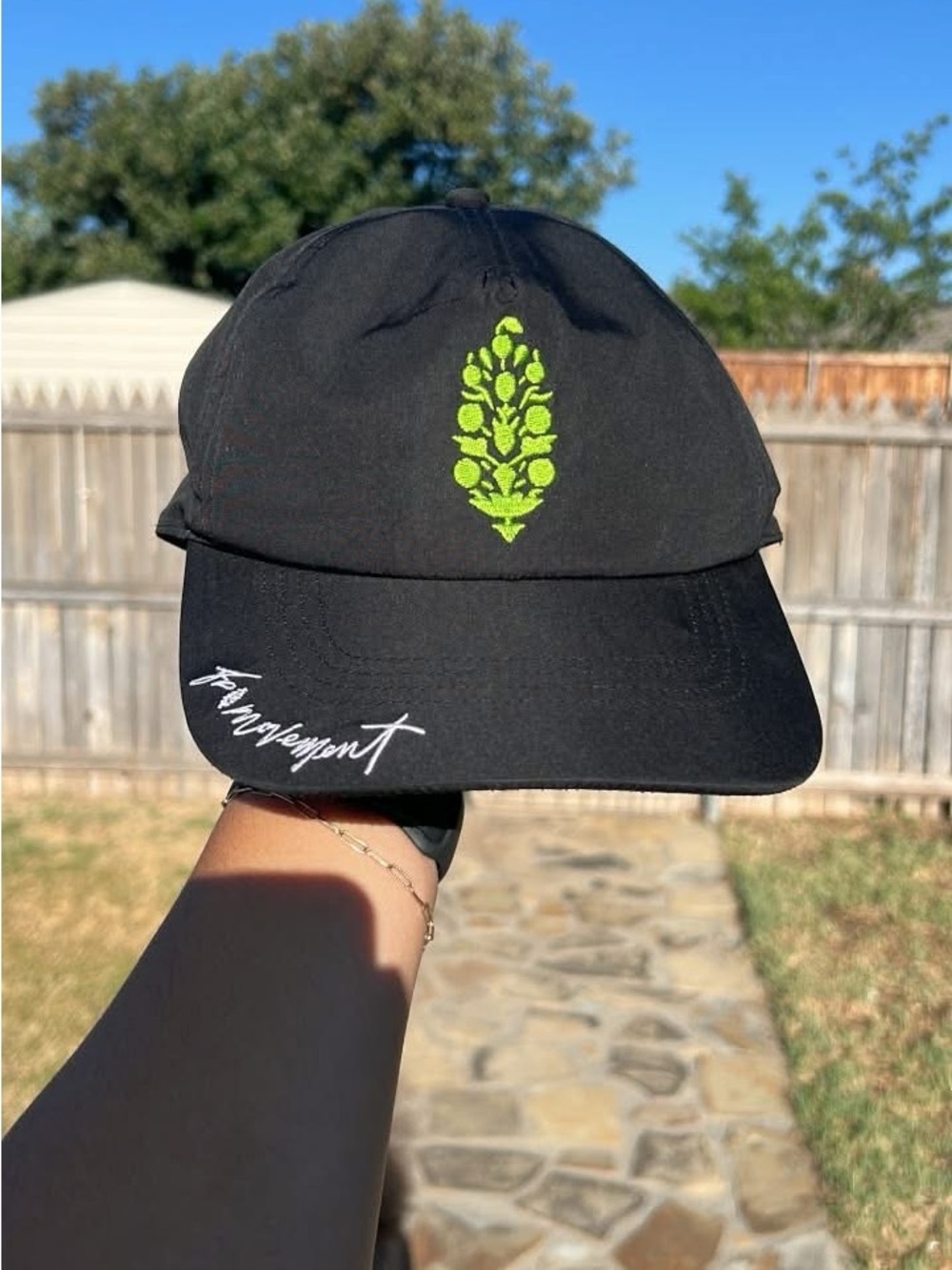 Free people movement Black Cap with Neon Green Embroidered Leaf